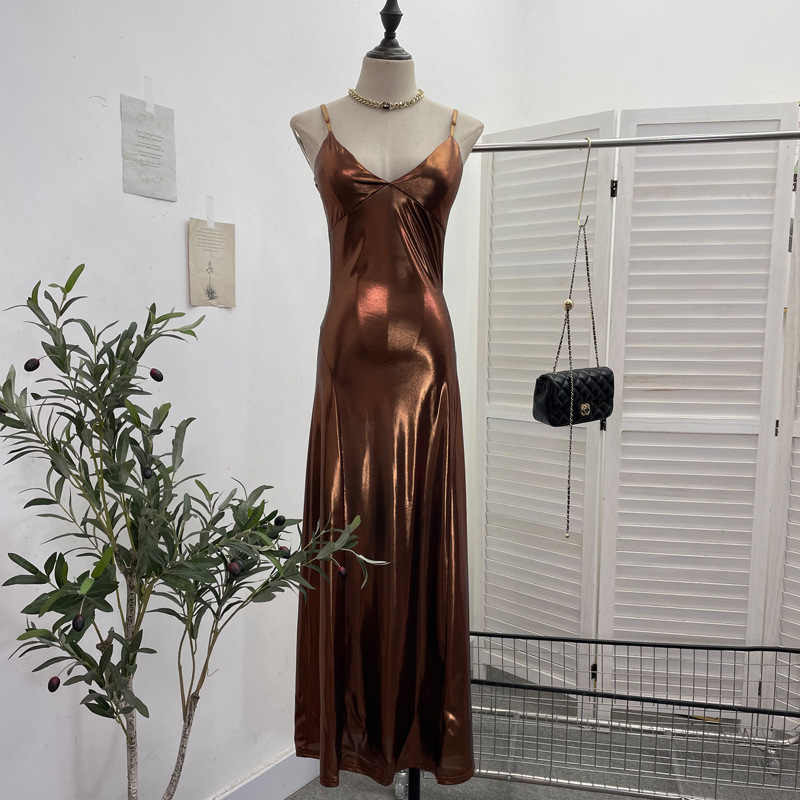Sexy Liquid Metal Color Sling Dress with Chest Pad Dress