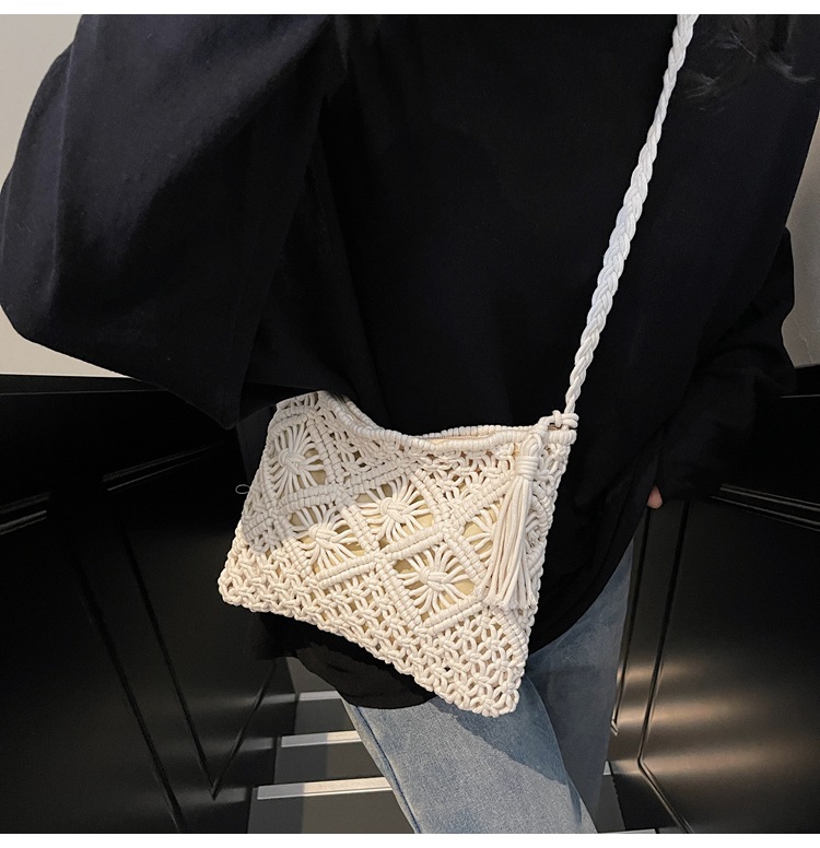 177g Weight Polyester Cotton Lining Material Weave, Hollow Fashion Element Zipper Closure Type Single Shoulder Strap Strap Type Shoulder Bag Bags Type Casual Occasion cotton rope Material Solid Color Pattern All Seasons Season Women's Gender Vacation Style Square Shape Women's Cotton Rope Solid Color Vacation Weave Hollow Square Zipper Shoulder Bag 12