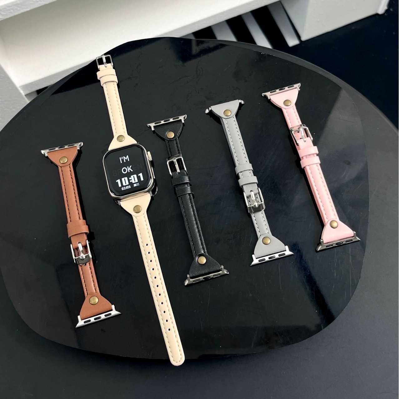 Ins Suitable for Apple SE Watch Applewatch10 Generation 9876 Fine Genuine Leather Small Man Waist Strap Simple Women