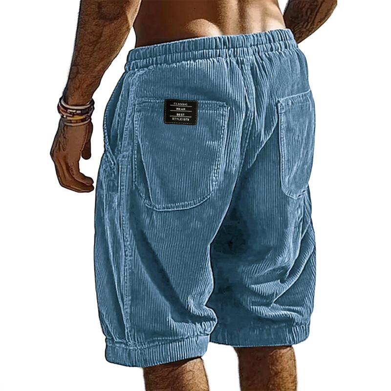 130160 # Back Pocket Black Label Men's Corduroy Shorts Summer Loose Casual Pants Drawstring Multi-Color Trendy Pants