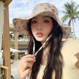 多巴胺彩色印花渔夫帽子女春夏出游可爱卡通大檐显脸小遮阳防晒帽