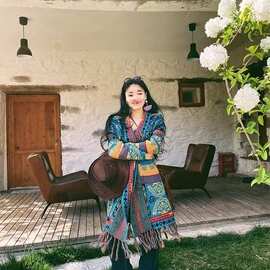 新疆民族风针织毛衣外套上衣女秋季流苏保暖加厚宽松中长款开衫冬