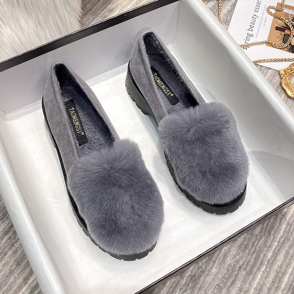 Giày lười nữ đế dày lót lông giữ ấm, giày bông mũi tròn gót 3-5 cm — Màu xám, Màu đen