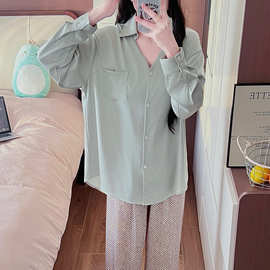 春夏季新款情侣居家睡衣女冰雪丝休闲时尚简约长袖长裤家居服套装