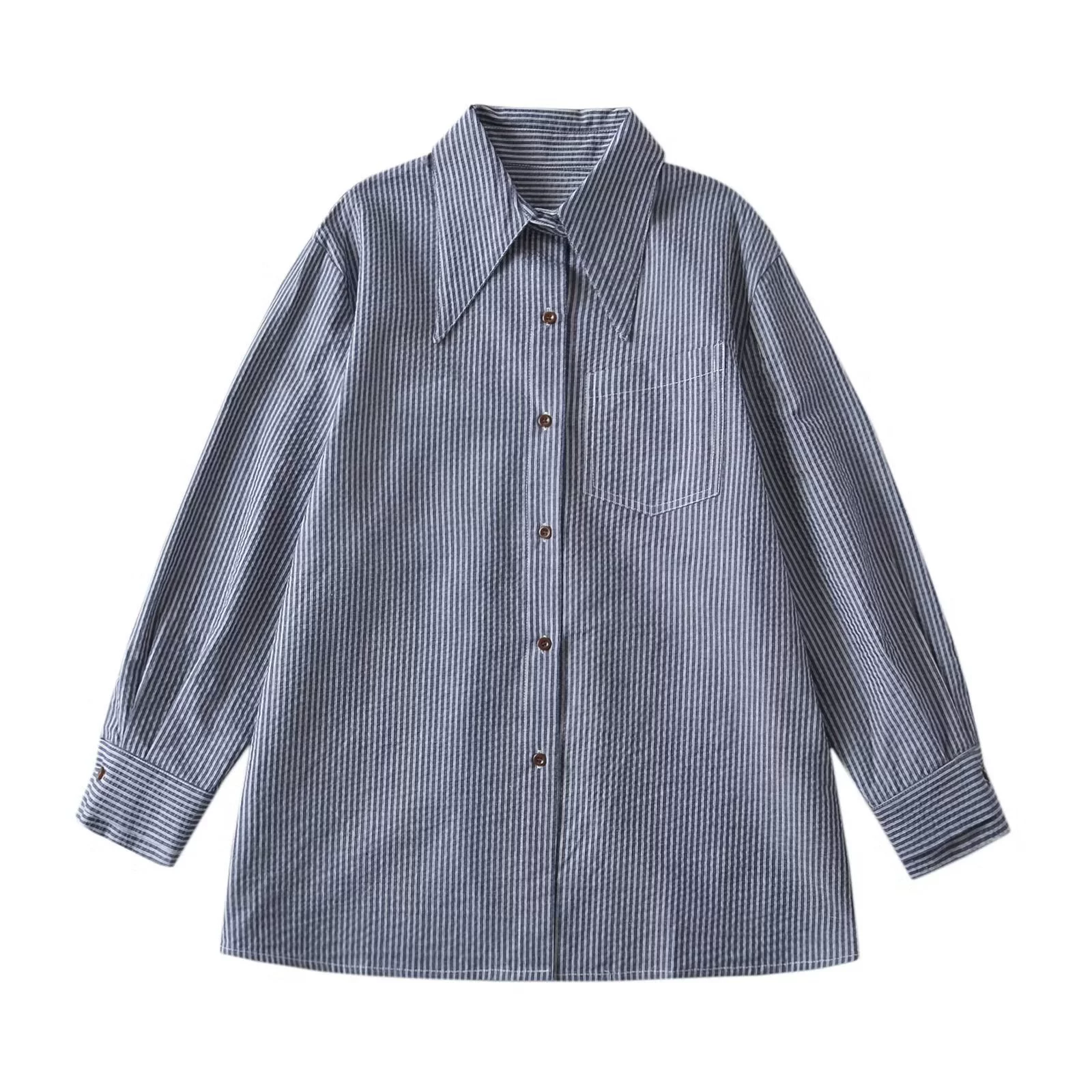 Трансграничная женская одежда оптом в европейском и американском стиле с острым воротником, свободная полосатая универсальная рубашка, темпераментный топ средней длины в корейском стиле