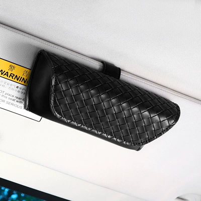 Car Glasses Clip/Bill Clip Woven Leather Sunglasses Clip Convenient - woven-pattern-glasses-case-black