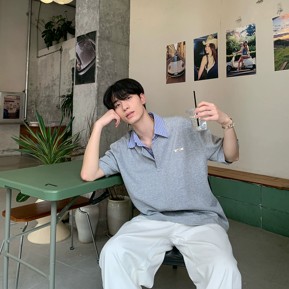 Нишевые дизайн полосатые лацканы сшивание поддельные две рубашки POLORO мужской 2024 летний новый тренд дикая рубашка