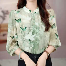 K4H春夏气质百搭女士衬衫女2025新款遮肉七分袖衬衣宽松显瘦薄款