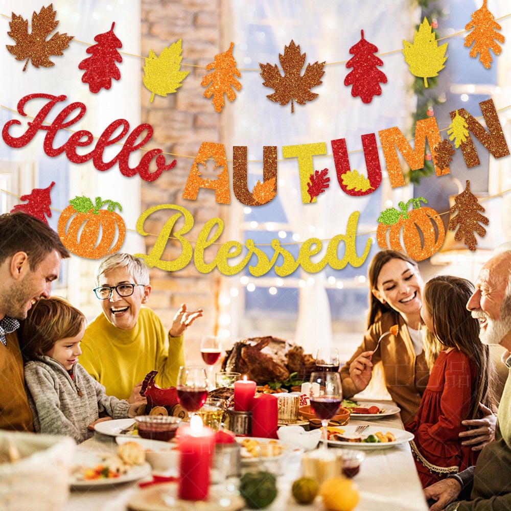 Amazon decoración de Acción de Gracias tire de la bandera otoño fiesta atmósfera diseño Hoja de arce calabaza tire de la bandera