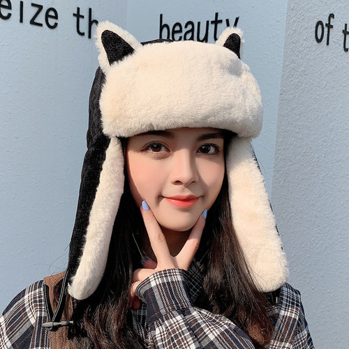 Autumn and Winter Cat Ear Balaclava Women's Cute Windproof Warm Riding Hat One-piece Ear-Protecting Mask Corduroy Cotton Hat