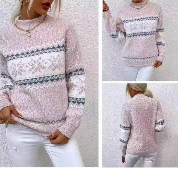 Foreign Trade Autumn and Winter New Products Amazon European and American Export Christmas Half Turtleneck Snowflake Casual Fashion Knitwear Knitwear for Women