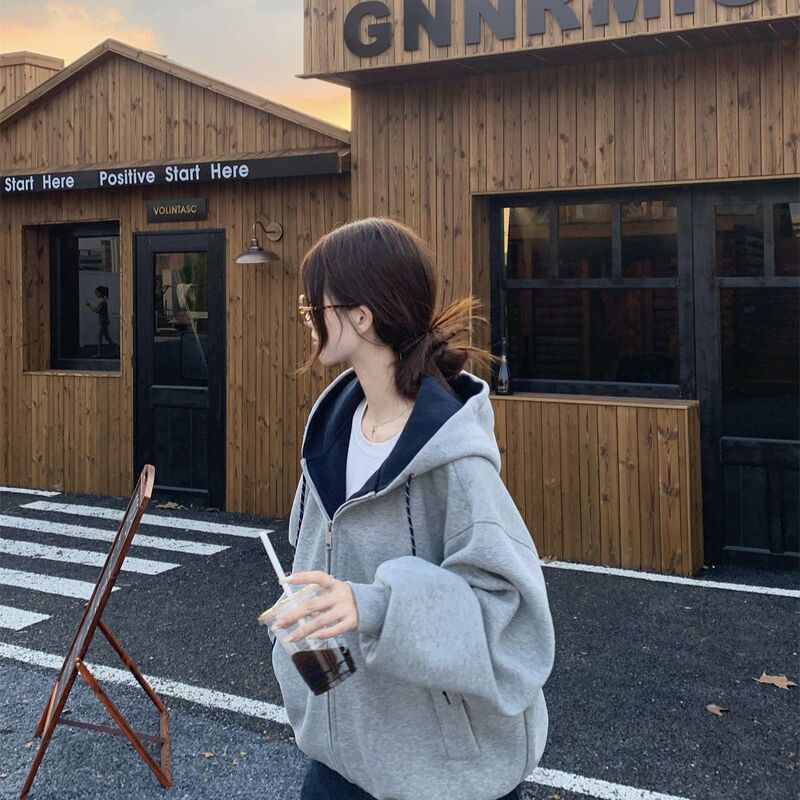 So Lazy!! !Gray Design Zipper American Retro Style Hooded Sweatshirt Loose Lazy Style Zipper Cardigan So Lazy!! !Gray Design Zipper American Retro Style Hooded Sweatshirt Loose Lazy Style Zipper Cardigan