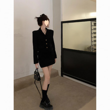 小香风套装气质黑色翻领西装外套女秋冬新款高腰字半身裙两件套