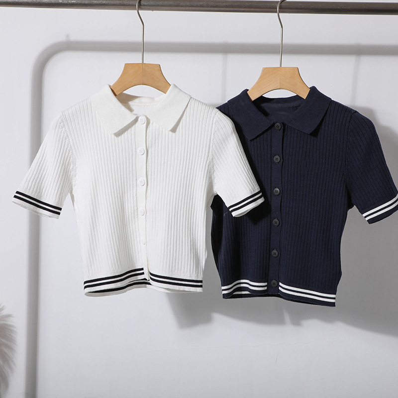 Meitang Series~Women's Embroidered Letter Ribbed Collar Casual Short-Sleeve Knitted Cardigan 2555