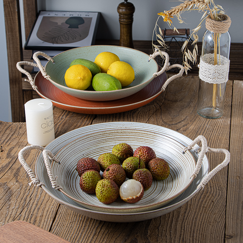 Ceramic Plate with Hemp Rope Handles, Thick Earthenware Plate, Flat Plate, Deep Plate, Household Dish Plate, Ceramic Soup Plate, Fruit Plate, Tray, Baking Dish, Round Shape