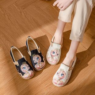 2025 New Vintage Cotton and Linen Non-slip Slippers Embroidered Fortune Snake Flat Heel Round Toe Low-top Embroidered Shallow Mouth Cloth Shoes