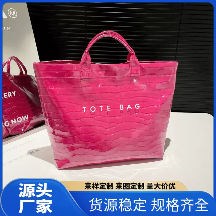 Stone Pattern New Glossy Letter Tote Bag Jelly Color Large Capacity Women's Bag Crocodile Pattern Fashionable Versatile Handbag