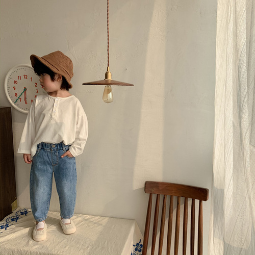  Spring and Autumn Children's Pants Cotton Boys and Girls Straight Leg Loose Jeans Korean Style Japanese Carrot Long Pants Trendy