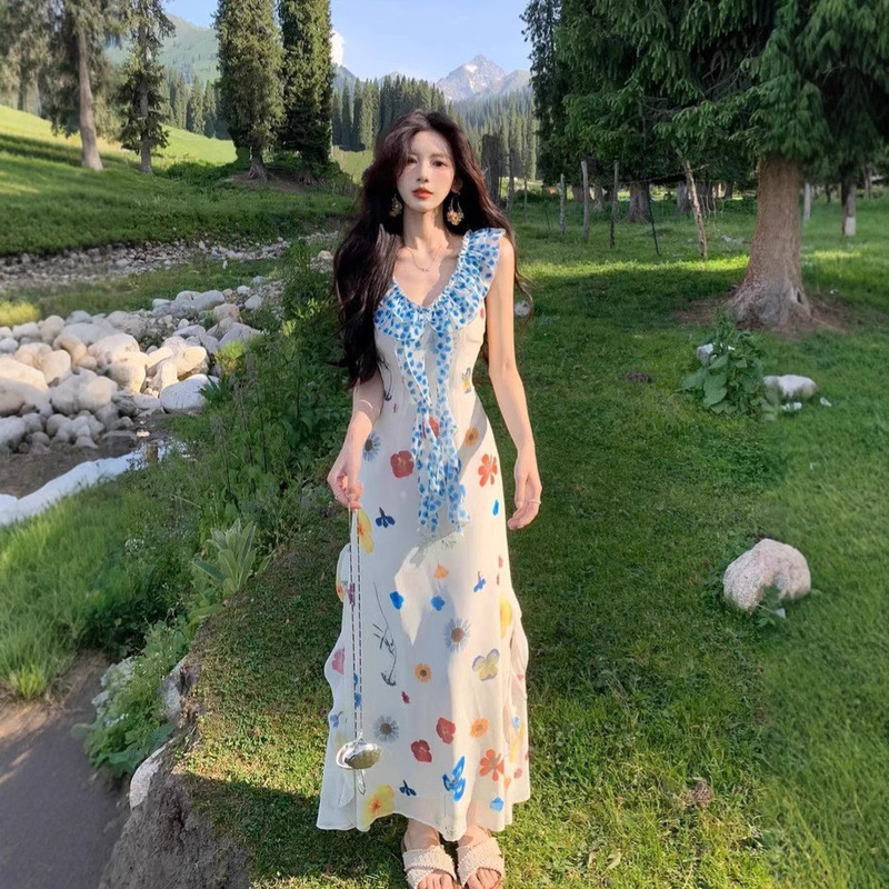 French-Style Printed Ruffle Dress for Women, Perfect for Summer, Unique and Beautiful Waist-Cinching Long Dress for Beach Vacations French-Style Printed Ruffle Dress for Women, Perfect for Summer, Unique and Beautiful Waist-Cinching Long Dress for Beach Vacations