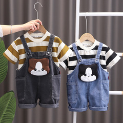 五小七童裝2024夏季新款男寶寶夏季背帶褲套裝卡通帥氣兒童裝短袖