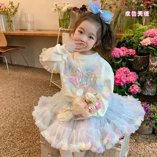 女童套裝春秋款tutu裙蓬蓬裙子2024新款衛衣兩件套上衣公主裙洋氣