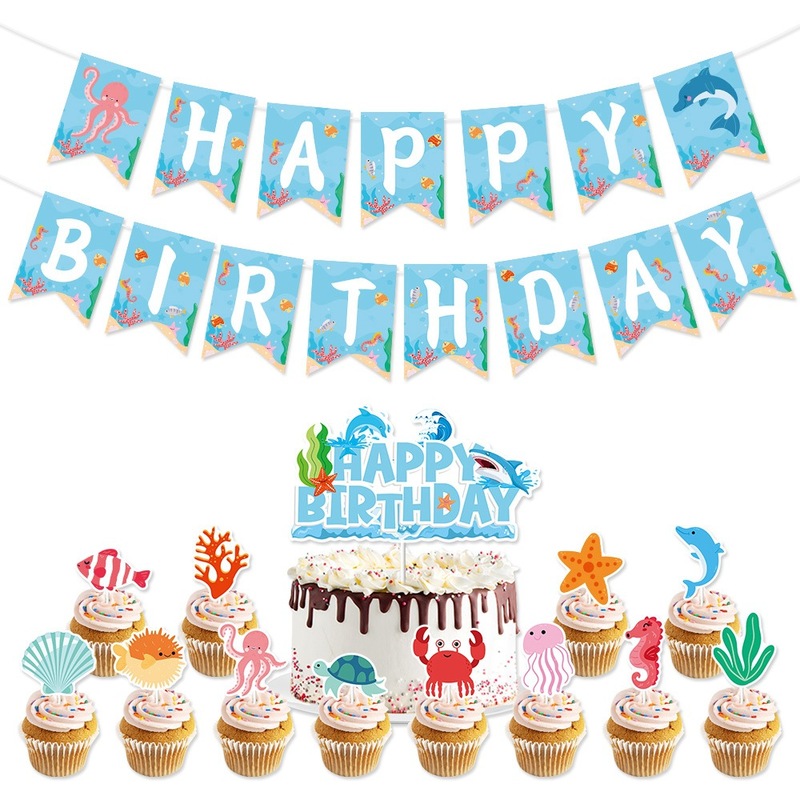 国境を越えた新しい水中誕生日フラッグセット誕生日パーティーの装飾バナー海のテーマケーキインサート|undefined
