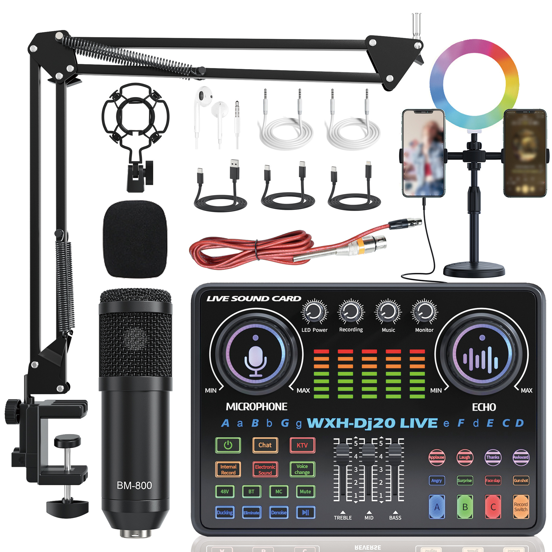 Cross-Border Dj20 Live Broadcast Sound Card 48V Condenser Microphone Real-Time Ear Return Mobile Phone and Computer Universal Support Drop Shipping