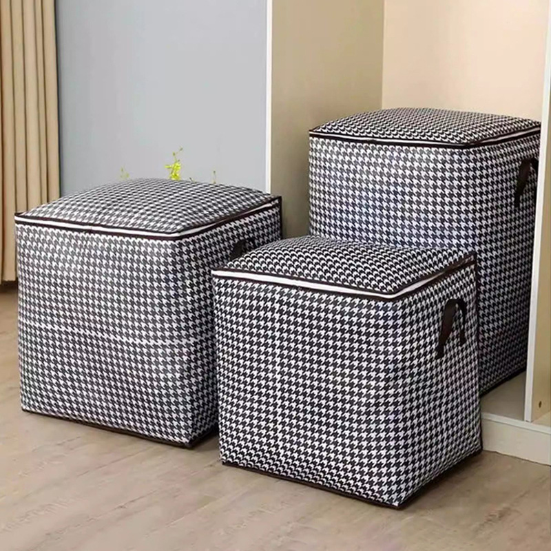 Houndstooth Non-Woven Storage Bag Storage Box Large Capacity Waterproof Moisture-Proof Mildew-Proof Storage Bag for Moving and Packing