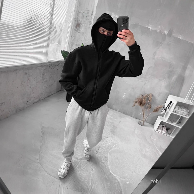 Cool and Stylish Loose-Fitting Zip-Up Sweatshirt for Men, Same Style as the Mask-Style Double-Hood Zip-Up Hoodie