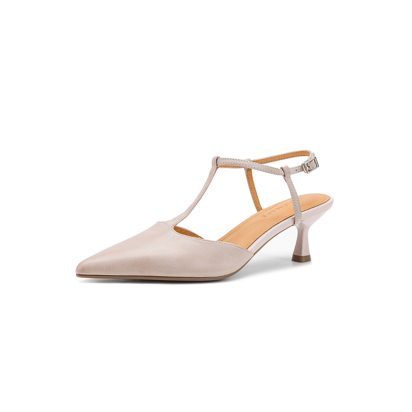 Sandal cao gót nữ mũi nhọn quai chữ T hở gót, da cừu, gót 5 cm — màu nâu