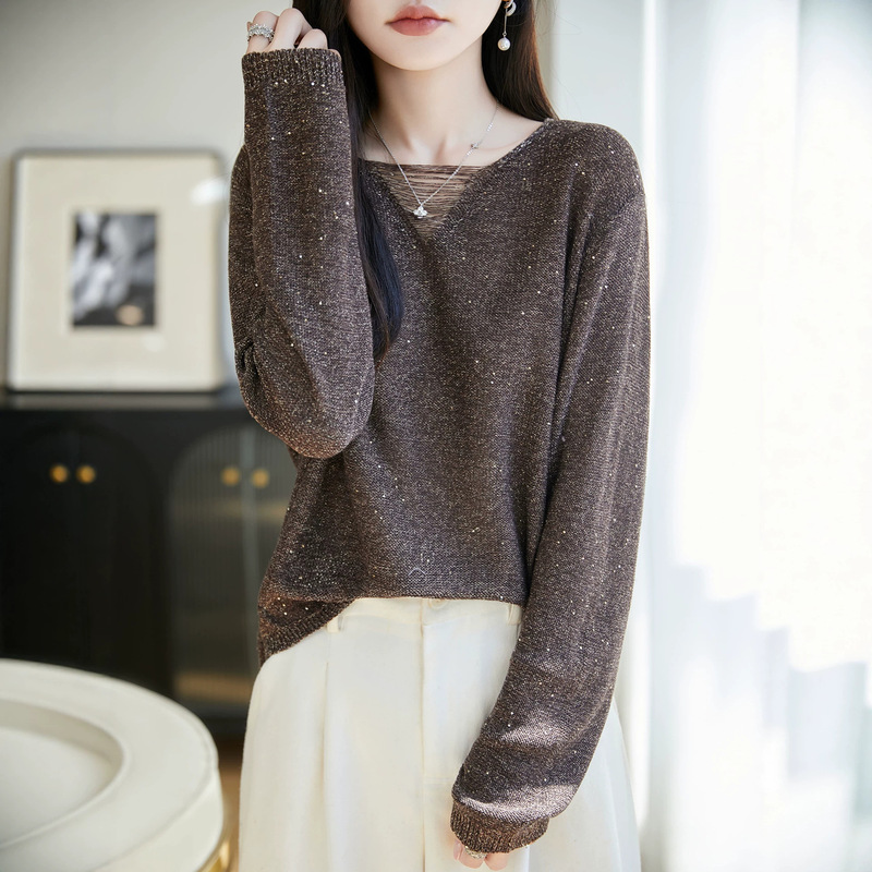 2026 light luxury fine glitter brushed V-neck knit sweater for women, loose thin base layer, hollow long-sleeve top