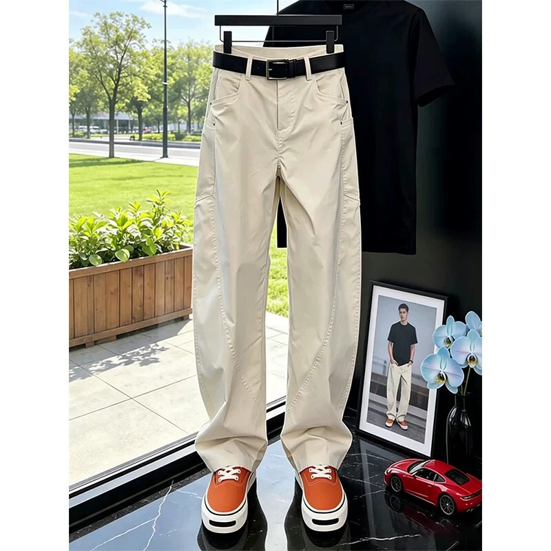 Beige American-style quick-dry work pants for men, summer thin diagonal cut wide-leg curved pants, cleanfit straight casual pants Beige American-style quick-dry work pants for men, summer thin diagonal cut wide-leg curved pants, cleanfit straight casual pants