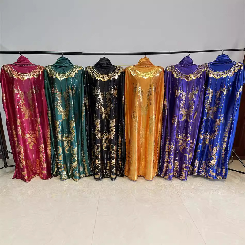 Ah2408 #   New Style Off-The-Shoulder Shiny Fabric Gold-Stamped Plus-Size Women's Robe Headscarf Loose Colorful Wholesale