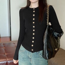 感洋气黑色金属扣圆领长袖针织开衫上衣女春秋2025年新款外套