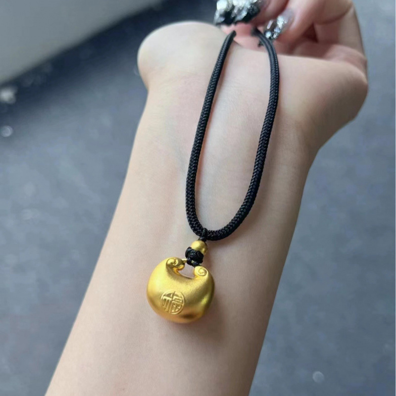 Chinese Style Small Fortune Character Pendant, New Chinese Style Necklace with Black String, Fortune Character Gift for Giving