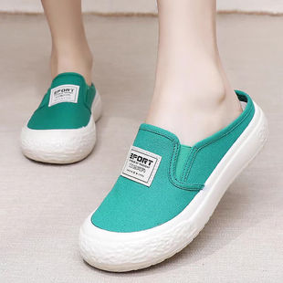 2025 Spring New Baotou Slippers Canvas Women's Style Soft Sole Breathable Casual Shoes Flat Lazy Shoes
