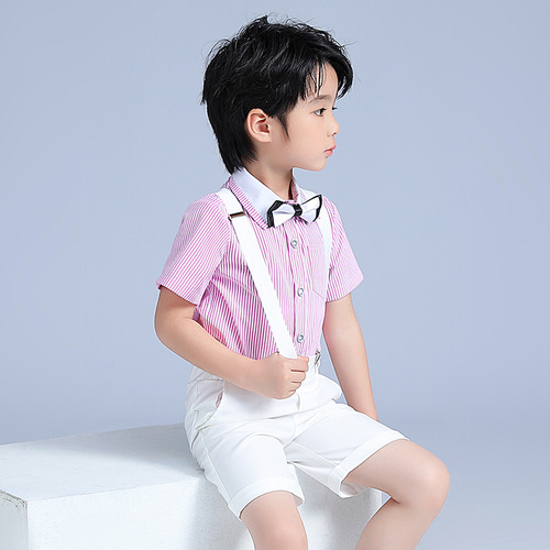 六一儿童演出服男童夏季短袖背带裤套装条纹学院合唱演讲钢琴表演