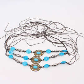 跨境欧美民族风仿绿松石草帽礼帽装饰系带手工DIY复古腰链手工带