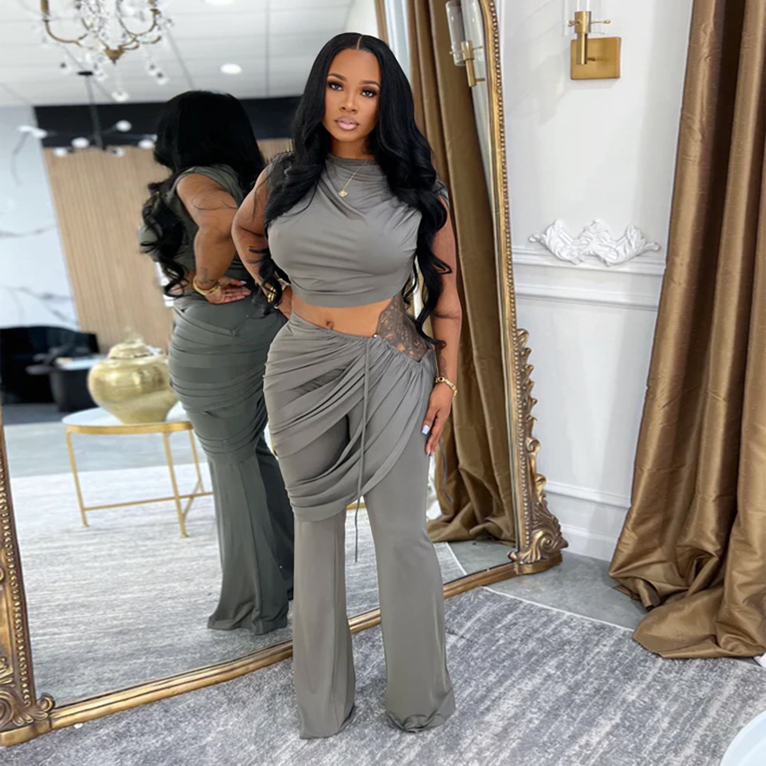C7528 Aliexpress transfronterizo Amazon Europa y América de moda de mujer casual sin mangas blusa de umbilical pantalones largos de dos piezas image 5