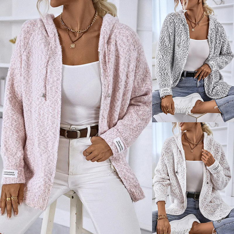 Cross-Border Foreign Trade European and American Women's Clothing 2026 Amazon Autumn and Winter Hooded Drawstring Sweater Zipper Knit Cardigan Jacket