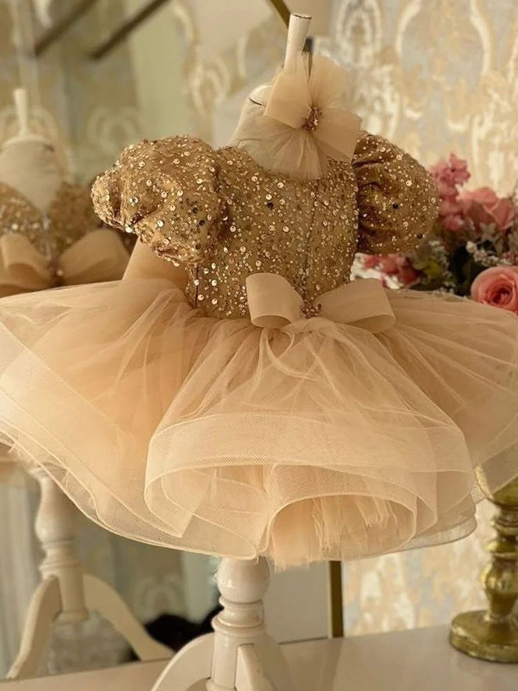 Mother & Kids Princess Flower Girl Sequined Wedding Dress Champagne Color With Short Sleeves Puffy Bow Detail For Children's Baby Birthday Party Gift_voghion.com