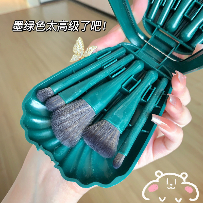 Juego de 5 pinceles de maquillaje de concha con espejo Cepillo de sombra de ojos para principiantes Cepillo de rubor Cepillo de reparación Cepillo de maquillaje portátil