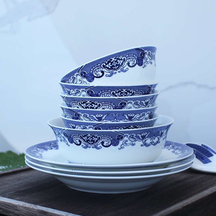 碗碟套装家用釉中彩骨瓷餐具碗盘组合景德镇陶瓷青花苏州古典园L^