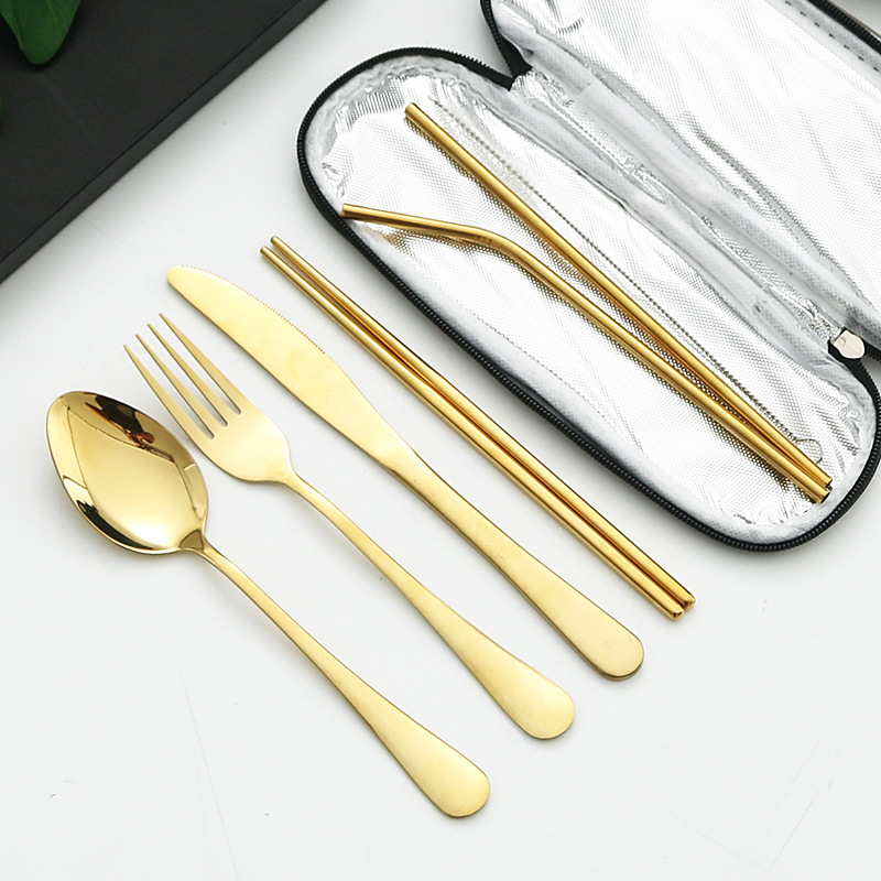 Amazon transfronterizo conveniente vajilla de acero inoxidable 7 piezas conjunto 1010 cuchillo, tenedor, cuchara, palillos, traje de viaje al aire libre de paja