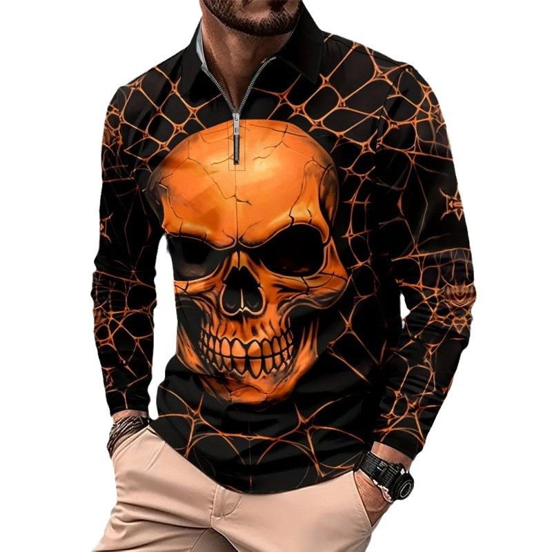 Thriller Skeleton 3D Impresión digital Hombres Calle principal Personalidad Manga larga Cremallera suelta Camisa POLO Europa y América Transfronteriza