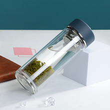 批發雙層玻璃杯透明隔熱帶蓋水杯車載便攜竹節杯子廣告泡茶茶杯