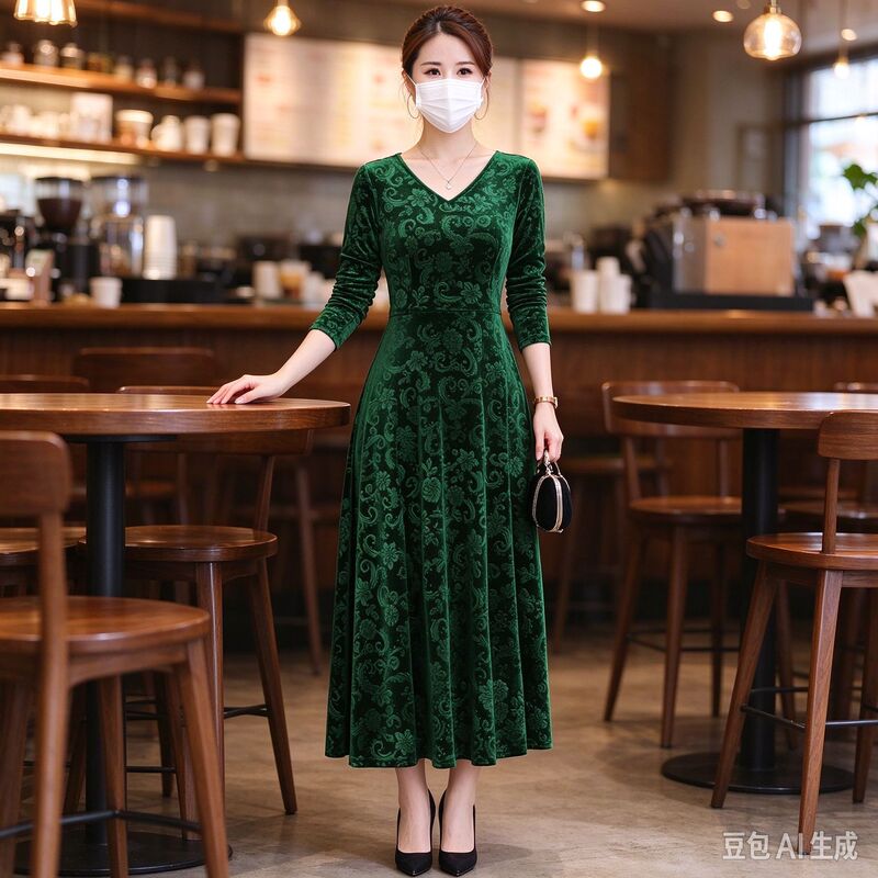 2025 Spring and Autumn New Style Mom Slimming Large Swing Skirt Large Size Women's Gold Velvet Long Sleeve Dress Long Style 2025 Spring and Autumn New Style Mom Slimming Large Swing Skirt Large Size Women's Gold Velvet Long Sleeve Dress Long Style