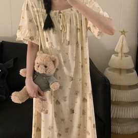 可爱奶油考拉睡裙女纯棉夏季时尚短袖宽松休闲卡通熊ins睡裙