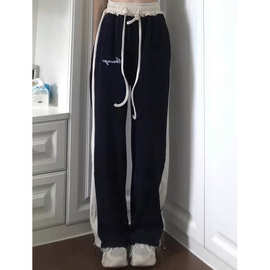 高腰春秋欧美风条纹美式嘻哈阔腿运动裤子女休闲裤hiphop垂感卫裤