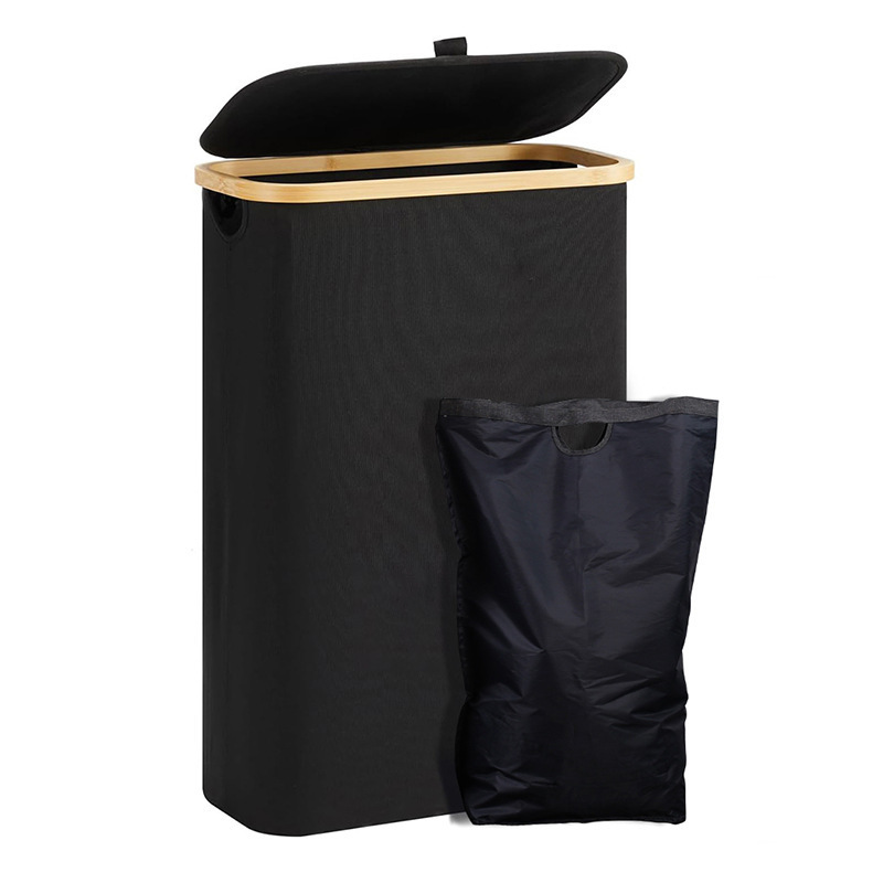 Cesta de ropa sucia transfronteriza con bolsillo interior con cubierta de bambú y madera plegable Cesta de almacenamiento de ropa sucia Cesta de ropa sucia